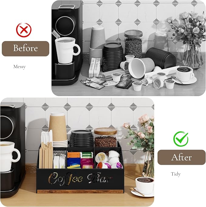 BCOZLUX Coffee Station Organizer, Rustic Brown Wooden Countertop Coffee Bar Accessories Organizer with Metal Mesh Compartments for Pods, Syrup, Cups, Stirrer, Tea