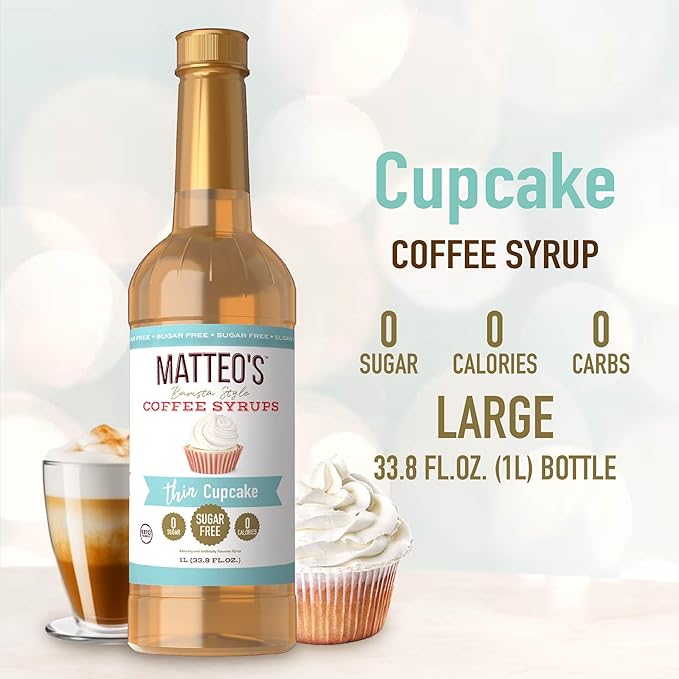 Matteo's Cupcake Syrup for Coffee, Lattes, Cappuccinos & Desserts – Sugar-Free Sweetener for Beverages, Keto Friendly, Zero Calories, Indulgent Flavor, Non-Alcoholic, Ideal for Hot Drinks 33.8oz (6pk)