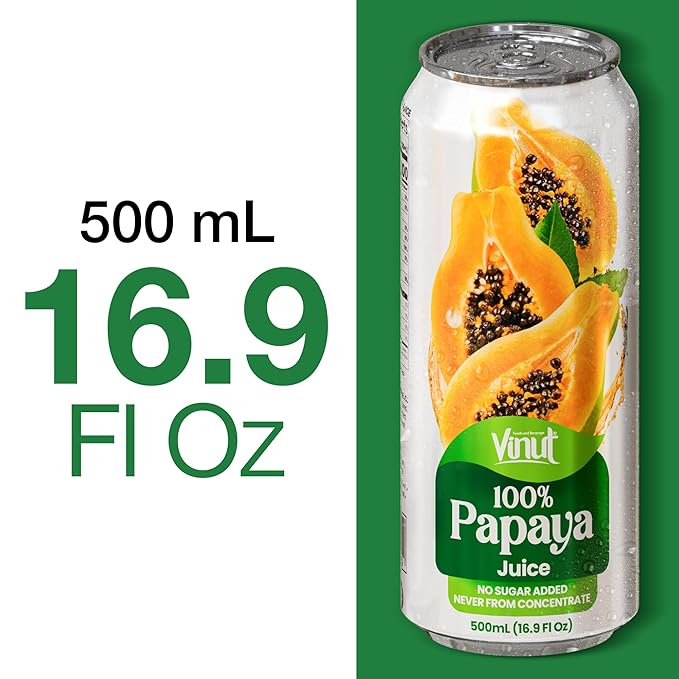 VINUT 100% Papaya Juice, No Added Sugar, Not From Concentrate, 16.9 fl oz (500 mL) Can, Pack of 6