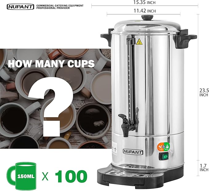 Commercial Coffee Urn 100 Cup/15L Coffee Dispenser with Upgraded Percolator, Double Wall 304 Stainless Steel Hot Water Urn Beverage Dispenser with Keep Warm Mode Large Coffee Maker for Catering Party