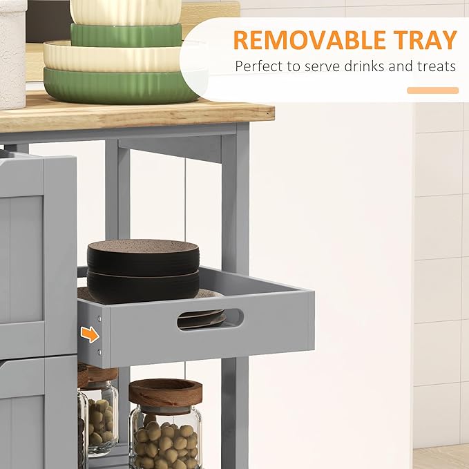 HOMCOM Rolling Kitchen Island Cart, Bar Serving Cart, Compact Trolley on Wheels with Wood Top, Shelves & Drawers for Home Dining Area, Gray