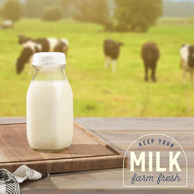 kitchentoolz Glass Creamer Bottle 12 Oz Square Glass Milk Bottle with Lids- Glass Bottles with Lids - Milk Container for Refrigerator - 12 Ounce Milk Bottle with Lid and Pour Spout