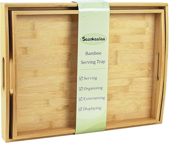 Bamboo Serving Tray with Handles, Set of 2 Large Wood ServingTrays for Food & Coffee, Elegant Wooden Tray for Breakfast in Bed, Kitchen & Party