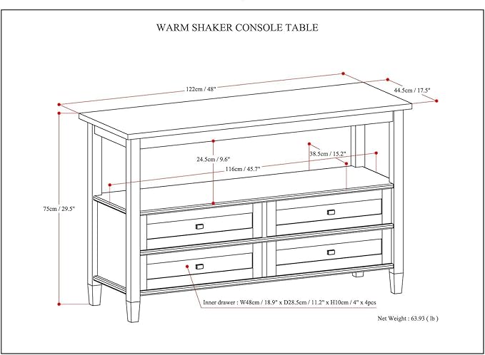 SIMPLIHOME Warm Shaker Console Table - 48 Inch Wide Solid Wood Sofa Table in Light Golden Brown, Transitional Storage Table for Living Room with 4 Drawers, Open Shelf, and Brushed Nickel Knobs