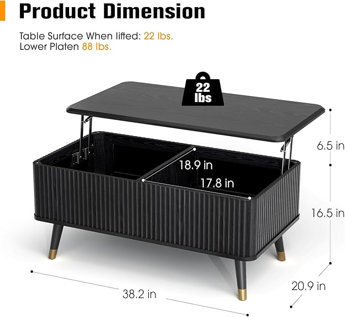 Lift Top Coffee Table with Storage, Modern Black Fluted Design, Pop-Up Center Table with Hidden Compartment for Living Room & Home Office Work/Dining