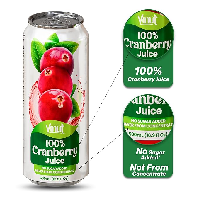 VINUT 100% Cranberry Juice – No Added Sugar, Not From Concentrate, 16.9 fl oz Cans (24 Pack)