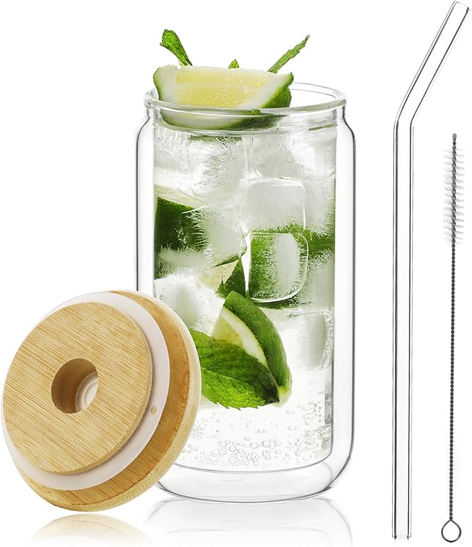 LIBWYS 12oz Double Wall Drinking Glass Cup with Bamboo Lid and Straw, 1 Pc Set – Condensation Resistant Insulated Glass Can Tumbler for Cold Drinks, Iced Coffee, Tea, Juice, Cleaning Brush