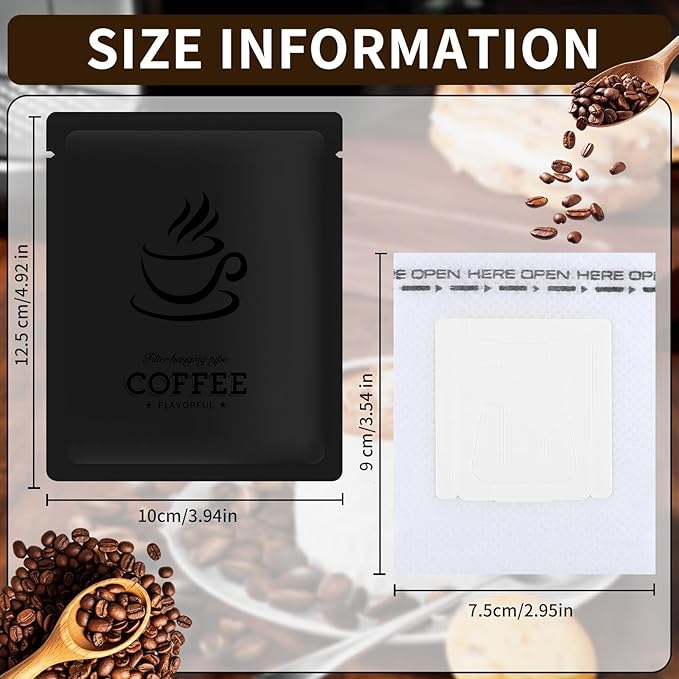 100 PCS Drip Coffee Bag with Coffee Filter Paper Bag (100 PCS) Black Aluminum Foil Hanging Ear Coffee Beans Storage Packaging Bags, Portable Heat Seal Drip Coffee Pouches for Travel, Camping, Home