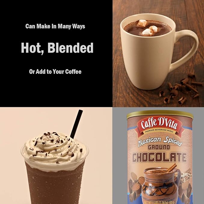 Caffe D'Vita Mexican Spiced Ground Chocolate - Mexican Chocolate Drink, Spiced Coffee, Gluten Free, Low Fat, No Cholesterol, No Hydrogenated Oils, No Trans Fat, Kosher-Dairy, Mexican Coffee - 3 Lb Can