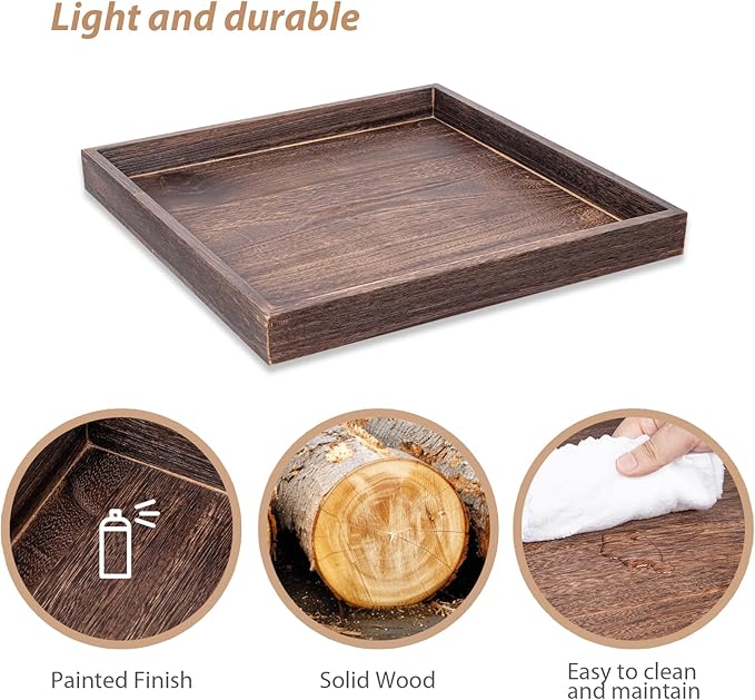 Ottoman Tray for Coffee Table Living Room Wood Serving Tray Large Wooden Square 20 Inches Rustic Brown