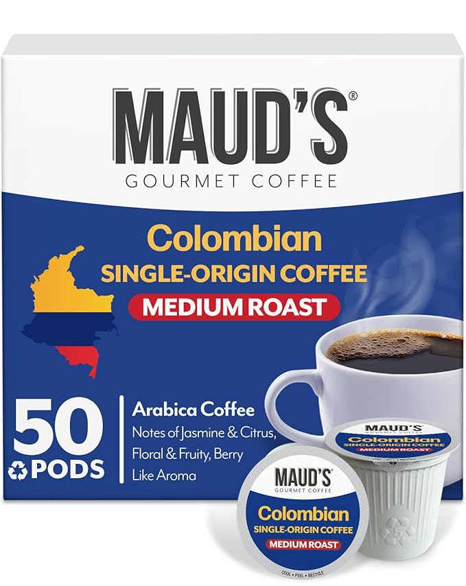Maud's Colombian Coffee Pods, 50 ct, Single Origin, Medium Roast Coffee in Recyclable Single Serve Pods – 100% Arabica Coffee, Compatible with Keurig K Cups Maker