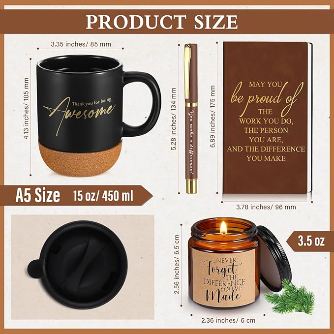 4 Pcs Thank You Gift Set for Men Women Employee Coworker Gifts Inspirational Appreciation Notebook Coffee Mug Scented Candle Pen for Valentine's Day Team Office Staff Teacher Nurse Volunteer