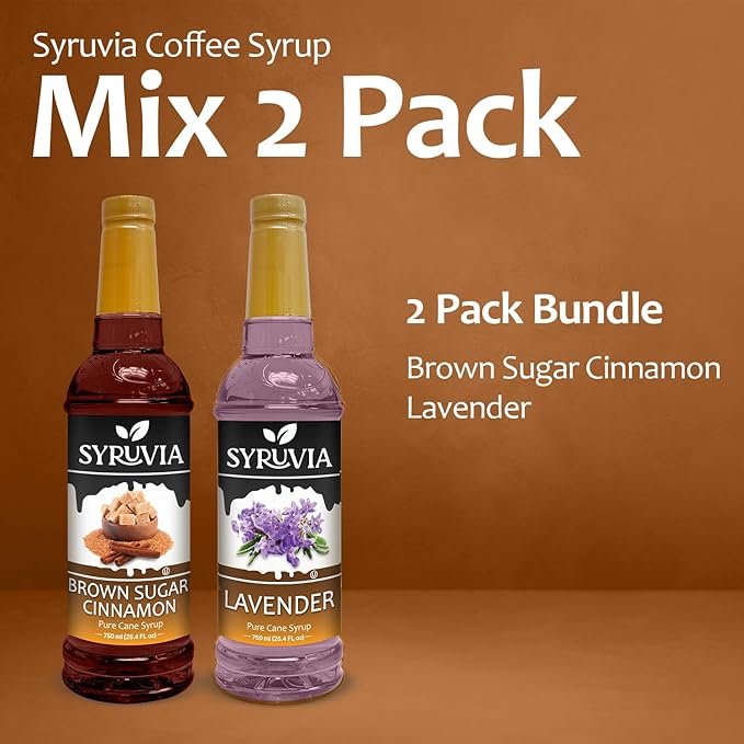 Syruvia Coffee Syrup Variety Pack - Brown Sugar Cinnamon & Lavender- Gluten-Free, Kosher, 25.4 fl oz Bottles - Enhance Your Coffee Experience with Premium Flavoring Syrups