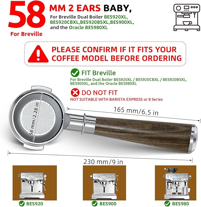 58mm Bottomless Portafilter for Breville Oracle & Dual Boiler (BES920XL, BES980XL, BES990BSS) - Naked Portafilter with 58mm Filter Basket & Real Black Rosewood Handle - Not for 54mm Series