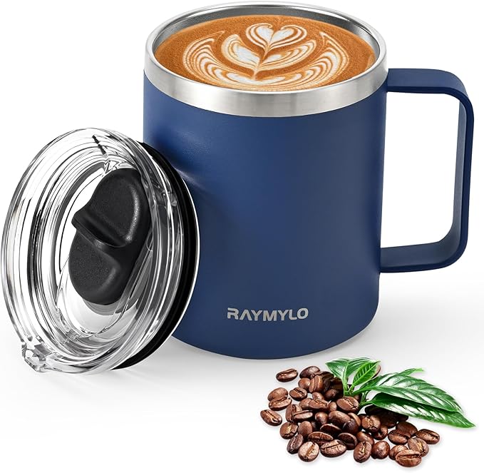Insulated Coffee Mug 12 oz, Double Wall Stainless Steel Coffee Mug with Lids, Leak-Proof & Detachable Slider Lid for Thorough Clean, Keeps Coffee Cold for 9 Hrs, Suitable for Camp Home Office