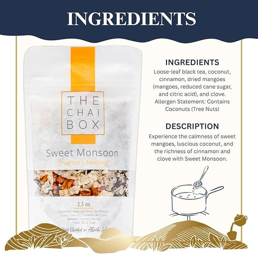 The Chai Box Loose Leaf Mango Tea - Featured in Oprah's Favorite Things | Caffeinated Black Tea with Mango,Coconut, Cinnamon & Clove ( Pack of 1) 2.5 oz | Makes 25 Cups | Small Batch Loose Leaf Tea with Whole, Premium Spices
