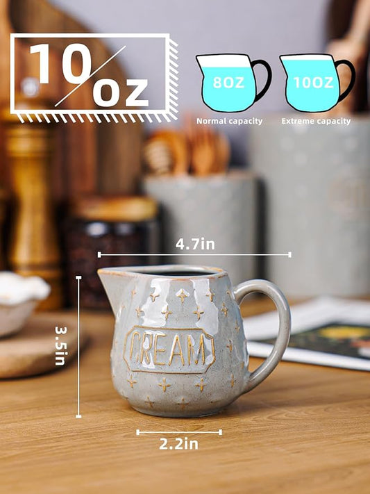 Creamer Pitcher,10 OZ Ceramic Creamer Pitcher with Handle for Milk, Sauces, Salad, Coffee, Farmhouse Kitchen Decor, Microwave & Freezer Safe (Vintage Grey)