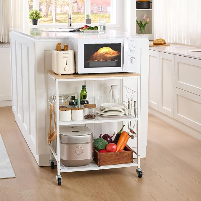 Rolling Kitchen Microwave Cart, 3 Tier Microwave Stand with Storage, Small Kitchen Island on Wheels, Wood and Mental Kitchen Shelf Rack, White Organizer for Living Room, Office, Balcony