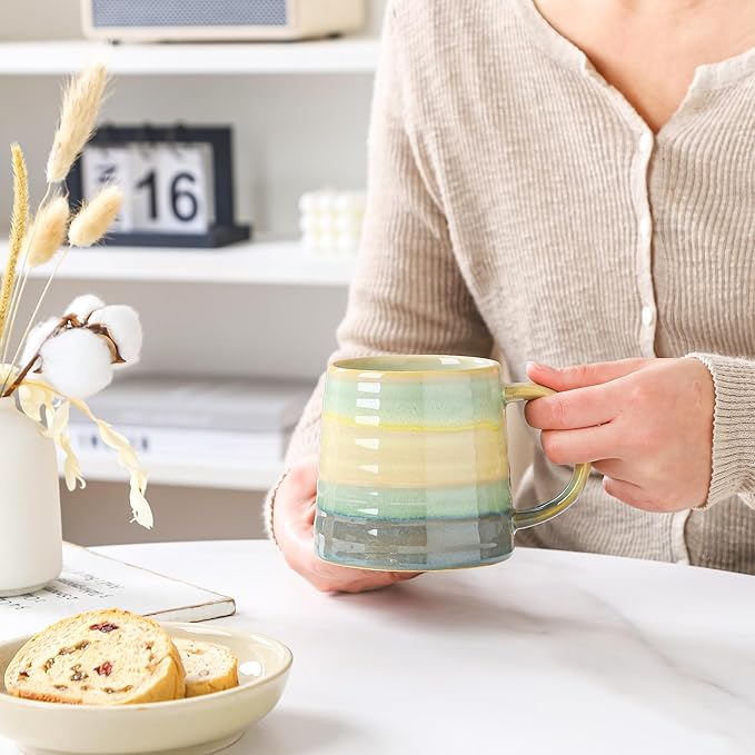 Large Ceramic Coffee Mug, Handmade Pottery Mugs, Tea Cups with Big Handle for Office and Home, 15.5 oz, Dishwasher and Microwave Safe (Grayish Blue)