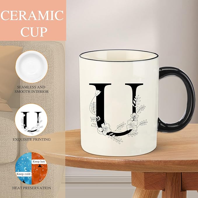 Monogram Ceramic Coffee Mugs, 11 oz Initial Drinking Cup with Gift Box, Unique Birthday Valentines Day Gifts for Women Wife Mothers Day Grandma Mom Aunt, U