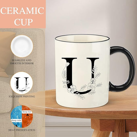 Monogram Ceramic Coffee Mugs, 11 oz Initial Drinking Cup with Gift Box, Unique Birthday Valentines Day Gifts for Women Wife Mothers Day Grandma Mom Aunt, U