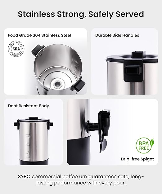 SYBO SR-CP30C Commercial Grade Stainless Steel Percolate Coffee Maker, Hot Water Urn for Catering, Hot Beverage Dispenser, 30-Cup, 3.5L, Metallic