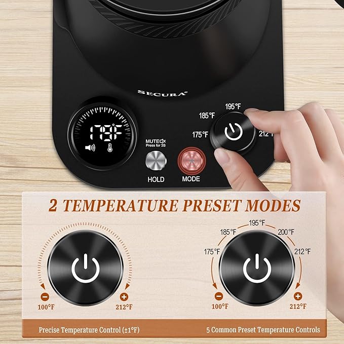 Secura Electric Gooseneck Kettle, 5 Variable Presets for Coffee Tea Brewing, 100% Stainless Steel Inner Tea/Coffee Kettle with 1.5H Keep Warm, 1200 Watt Quick Heating Pot, 0.8L, Matt Black