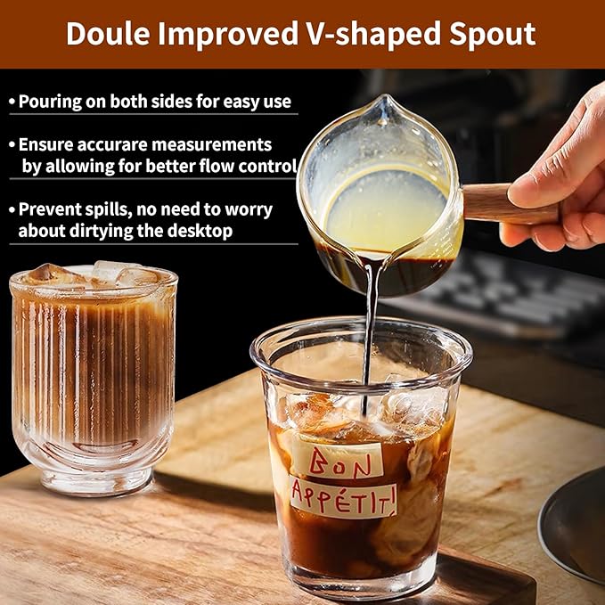 YARRAMATE 2.5 oz/75ML Espresso Shots Cup with Wood Handle (2 Pack), Clear Glass Espresso Measuring Cup, Espresso Shot Glass with Double V-Shaped Spout and Scale, Dishwasher Safe