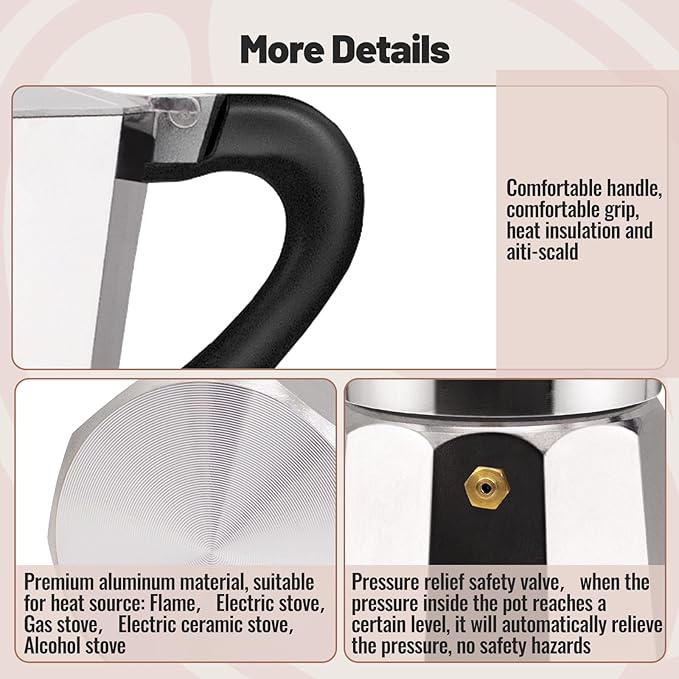 Vaolvpant 6 Cup Aluminum Moka Pot Classic Stovetop Espresso Coffee Maker 300ml 10oz Coffee maker Percolator Mocha Pot Greca Coffee Maker Cafe Makers for Italian and Cuban Café Brewing Silver