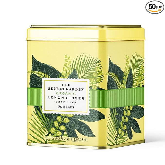 Life Plus Style Gourmet The Secret Garden Organic Lemon Ginger Green Tea 50 Tea Bags Zesty Citrus & Spicy Ginger Blend Refreshing Flavor Classic Tin