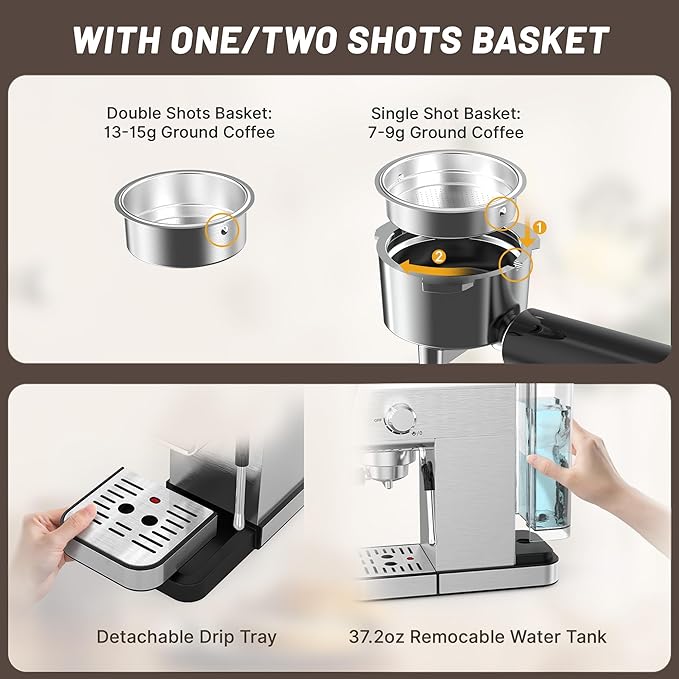 Espresso Machine 20 Bar, Compact Espresso Machine with Milk Frother, Stainless Steel Espresso Maker with Pressure Gauge, 37.2Oz Removable Water Tank for Cappuccino, Latte, Americano