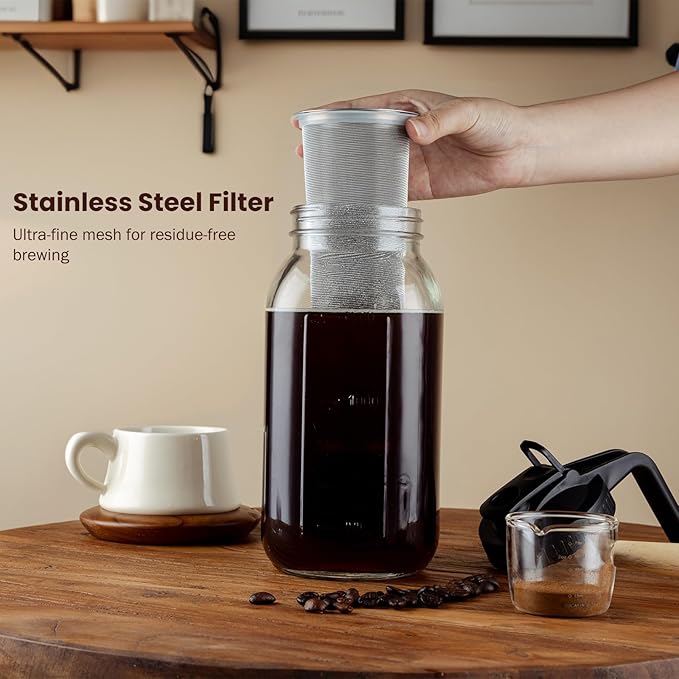 Cold Brew Coffee Maker, 64 oz Glass Pitcher with Mesh Filter, 2 Quart Mason Jar with Lid