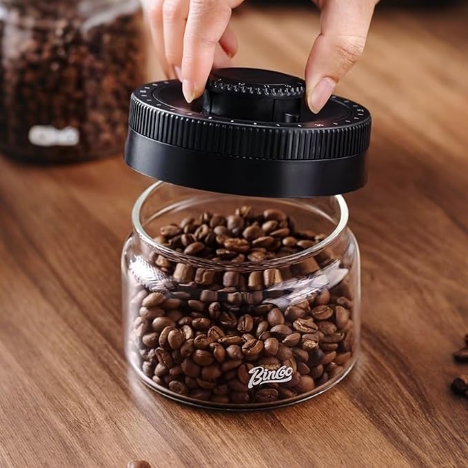 Bincoo Coffee Canister with Date Dial – Vacuum Seal Airtight Container for Coffee Beans – 40oz Borosilicate Glass Jar with One-Button Air Pump – Kitchen Storage Canister – Keep Freshness Longer(1.2L)