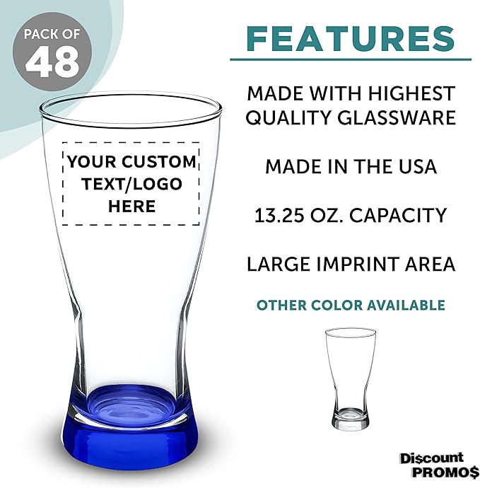 Custom Pilsner Glasses 13.25 oz. Set of 48, Personalized Bulk Pack - Made in the USA, Perfect for Hotels, Restaurants, Bars and Even Party Favors - Blue