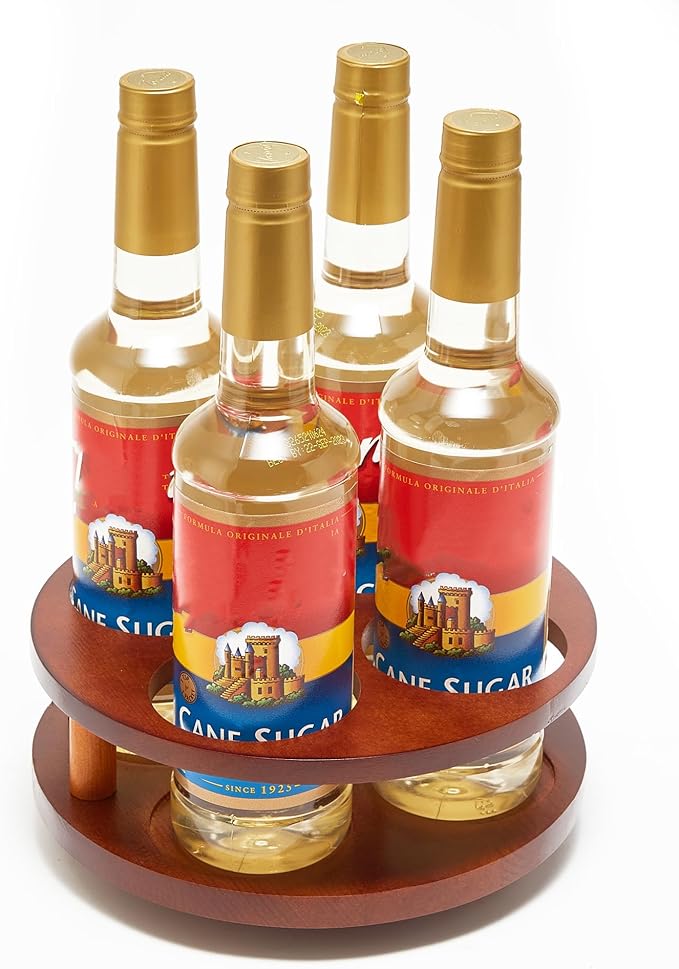 Wood Rotating Coffee Syrup Organizer, 4 Bottles Coffee Syrup Rack, Coffee Station Organizer with Large Base and Anti-Slip Pad