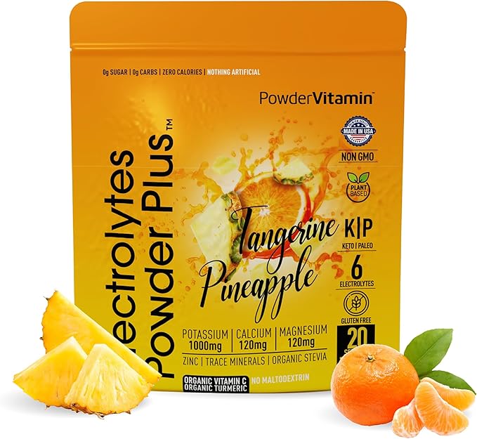 PowderVitamin Electrolytes Powder Plus (20 Servings) Tangerine Pineapple Electrolyte Powder Zero Calorie Keto,0Sugar,No Maltodextrin,1000mg Potassium,120mg Calcium,120mg Magnesium, Pink Himalayan Salt