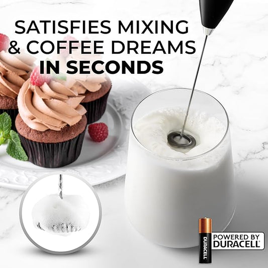 Zulay Kitchen Milk Frother Handheld Electric Whisk with AA Duracell Batteries – Durable Drink Mixer for Coffee, Lattes, Cappuccinos & More - Metallic Black