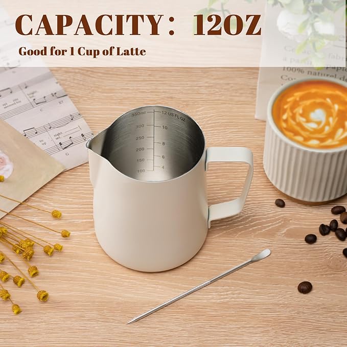 Milk Frothing Pitcher, 12oz Milk Frother Cup with Clear Scale, 304 Stainless Steel Cappuccino Espresso Machine Accessories for Barista Coffee Bar with Latte Art Pen, White