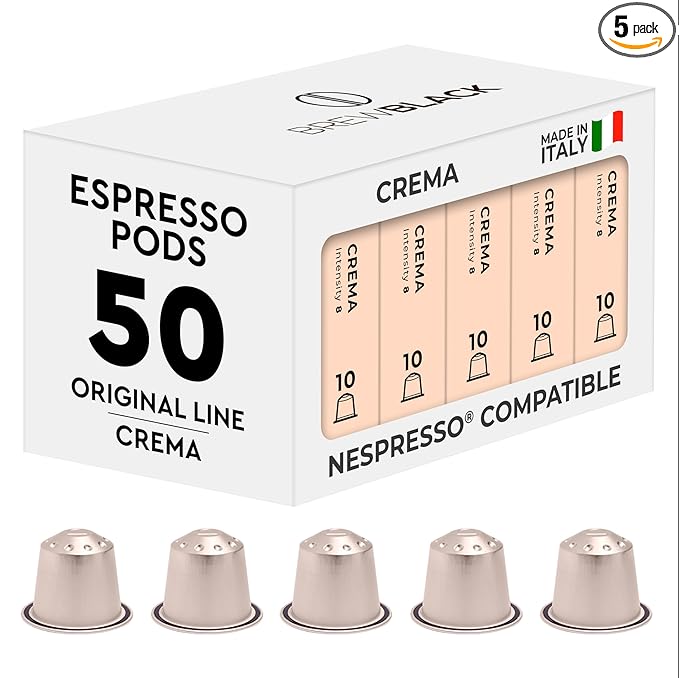 BrewBlack Crema Coffee Capsules - 50 Aluminum Coffee Pods Compatible with Nespresso Original line, Medium Roast - Intensity 8/12, Made in Italy