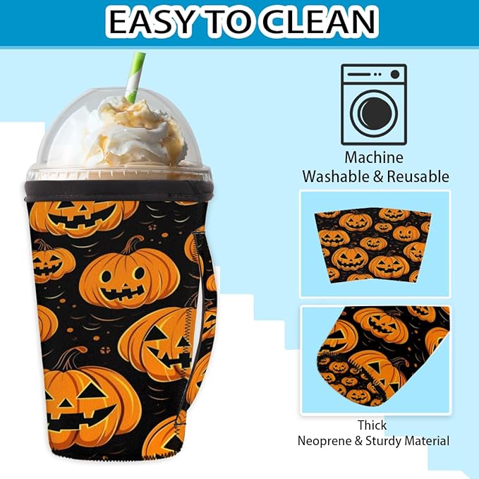 Funny Pumpkin Reusable Insulator Coffee Sleeves for Drinks Beverages, Halloween Neoprene Holder with Handle for Most Coffee or Ice Drink, 30-32oz