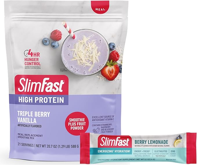 SlimFast High Protein Fruit Powder, Triple Berry Vanilla, Protein Powder Meal Replacement, 21 Servings, + SlimFast Hydration Packets, Electrolytes, Interrmittent Fasting, Apple Cider Vinegar, 12 Count