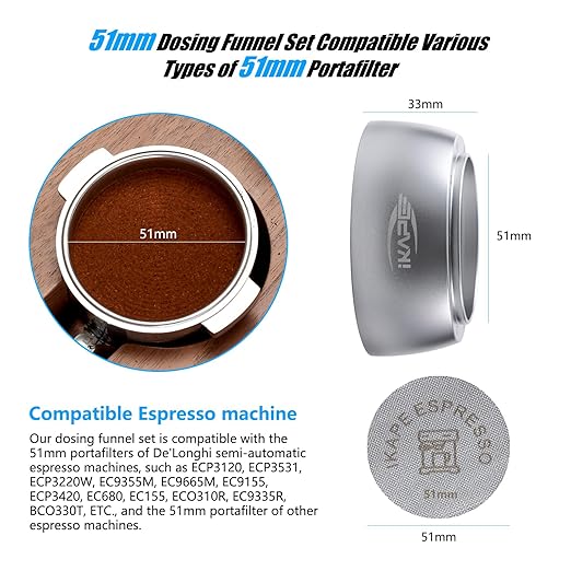 IKAPE Magnetic Dosing Funnel Set, 51MM Espresso Dosing Ring & Puck Screen Kit Compatible with Delonghi 51MM Bottomless Portafilter - with 8 Small Magnet (Silver)