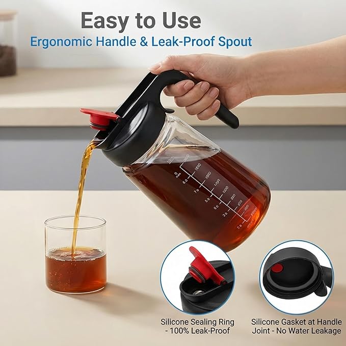 ECORELAX Cold Brew Coffee Maker,High Transparency Borosilicate Glass Container with Stainless Steel Filter, Iced Tea Pitcher with Lid,Modern Style, Ergonomic Handle,Spill-proof Lid (（Black 64oz)