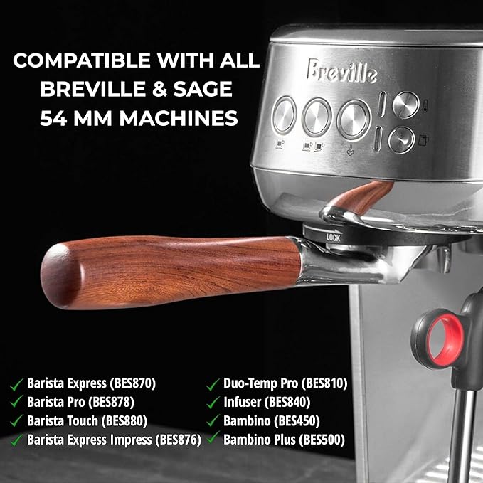 54mm Bottomless Portafilter Flat for Breville/Sage – Fits Barista Express, Pro, Touch, Bambino & Bambino Plus, Infuser – Rosewood Handle – Includes 18–21g Filter Basket & Puck Screen