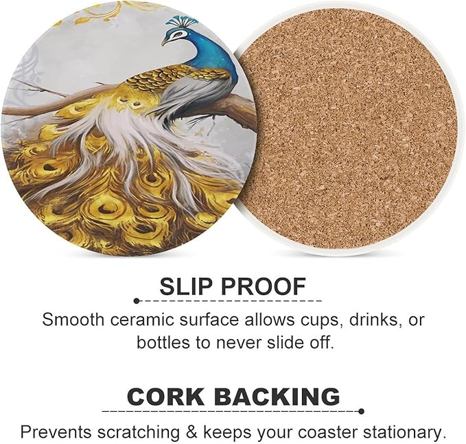 Peacock Drink Coasters, Round Ceramic Drink Coaster Round-6PCS, Tree Branch Vintage Beautiful Gold Peacock Decor Absorbent Ceramic Coasters for Beverage Cup, Bar, Coffee Table