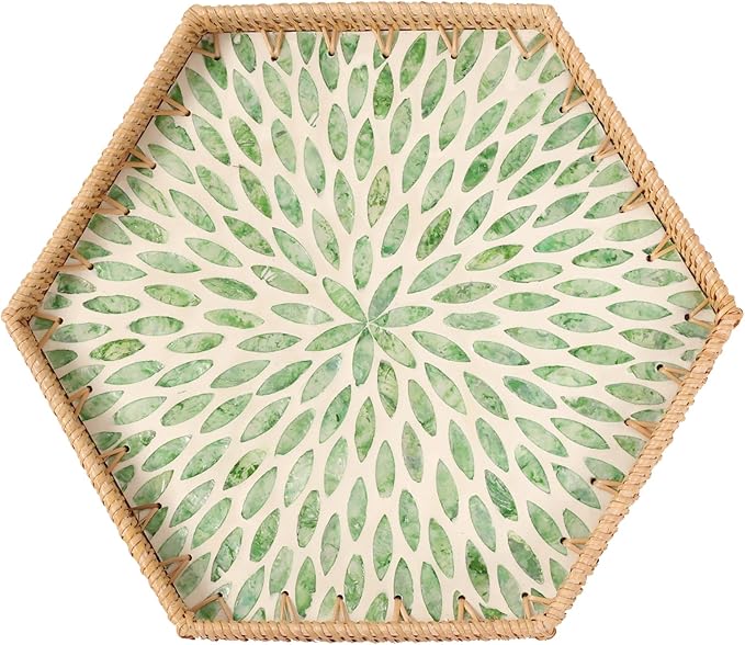 Hexagon Rattan Tray with Mother of Pearl Inlay, Rattan Serving Tray for Coffee, Bread, Fruits, Snacks, Decorative Wicker Tray for Table Decor, Home Decor (Green Leaves, 14.5"×12.8")