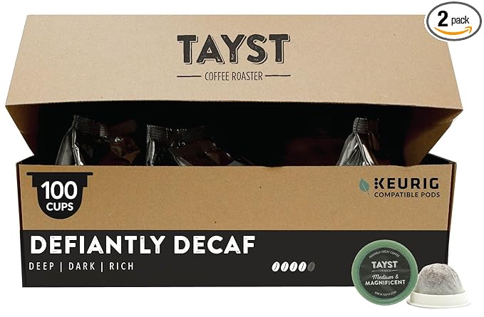 Tayst Coffee Pods, Defiantly Decaf Dark Roast, K Cups Compatible with Keurig Coffee Maker, Sustainable Single Serve, Pack of 100