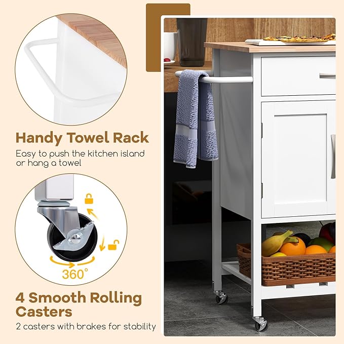 Giantex Rolling Kitchen Island Cart, Mobile Serving Cart with Drawer, 2-Door Storage Cabinet, Storage Shelf, Towel Rack, Food Prep Utility Cart on Wheels for Dining Room, Living Room (White)