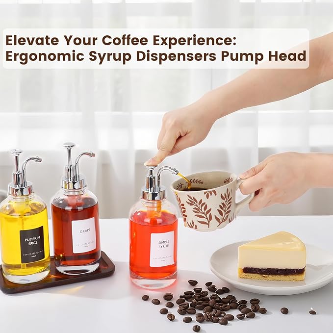 16.9oz Coffee Syrup Dispensers 4Pack- Glass Syrup Dispenser Kit for Coffee Bar Accessories for Home Coffee Bar/Premium Labeled Barista Kit, Silver