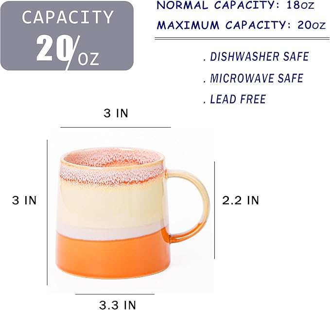 Mkour 20oz Large Ceramic Coffee Mugs, Handmade Cup, Big Tea Cups with Large Handle for Office and Home, Microwave and Dishwasher Safe (Orange)